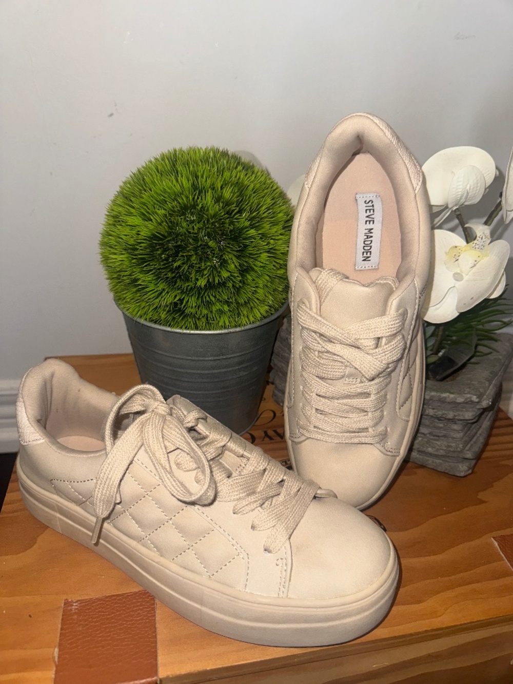 the Steve Madden Gabby Quilted Platform Sneakers in Bone Size